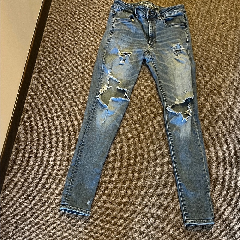 American Eagle Outfitters Women's High Rise Distressed Blue Jeggings